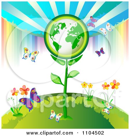 Clipart Green Globe Plant With Butterflies Flowers And A Rainbow 3 - Royalty Free Vector Illustration by merlinul