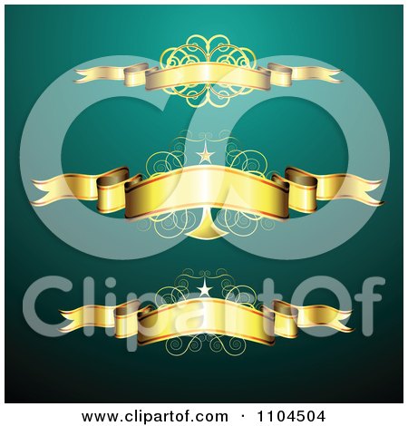 Clipart Golden Ribbon Banners And Swirls With Stars Over Turqoise - Royalty Free Vector Illustration by merlinul