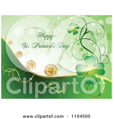 Clipart Happy St Patricks Day Gretting With Shamrock Coins And Clover Vines 1 - Royalty Free Vector Illustration by merlinul