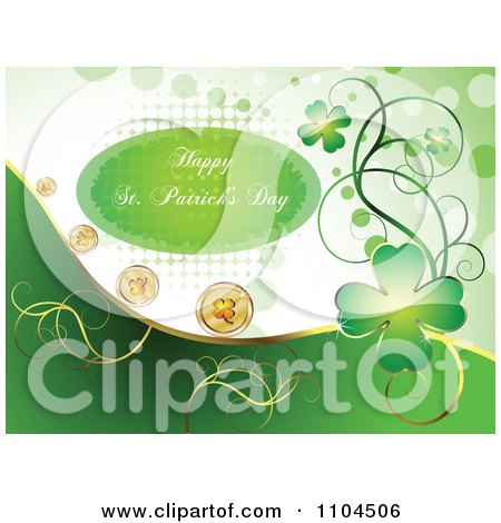 Clipart Happy St Patricks Day Gretting With Shamrock Coins And Clover Vines 2 - Royalty Free Vector Illustration by merlinul