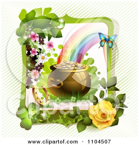 Clipart Rainbow And St Patricks Day Pot Of Gold In A Frame Over Diagonal Stripes - Royalty Free Vector Illustration by merlinul