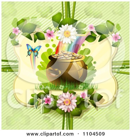 Clipart Rainbow And St Patricks Day Pot Of Gold In A Floral Frame Over Diagonal Stripes - Royalty Free Vector Illustration by merlinul