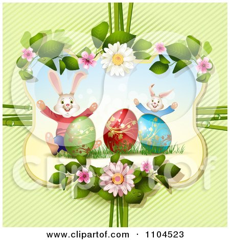 Clipart Happy Easter Bunnies And Eggs In A Floral Frame Over Diagonal Stripes - Royalty Free Vector Illustration by merlinul