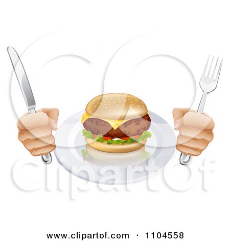 Clipart Hungry Persons Hands Holding Silverware By A Cheeseburger - Royalty Free Vector Illustration by AtStockIllustration