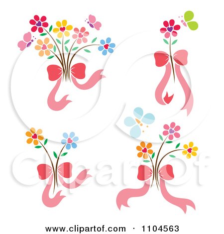 Clipart Heart Flowers With Butterflies And Pink Bows - Royalty Free Vector Illustration by Cherie Reve