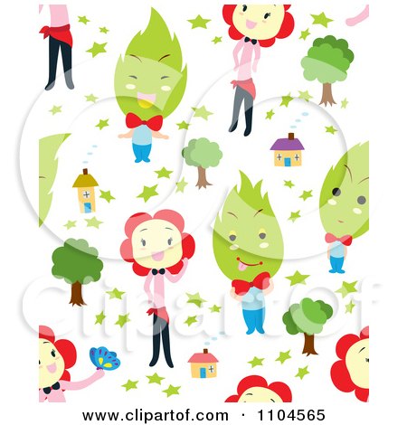 Clipart Seamless Flower Girl And Tree Man House And Star Background Pattern - Royalty Free Vector Illustration by Cherie Reve
