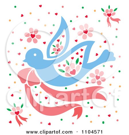 Clipart Blue Dove With A Pink Bow Confetti And Flowers - Royalty Free Vector Illustration by Cherie Reve