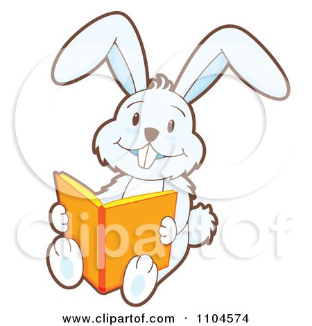 Clipart Happy White Rabbit Sitting And Reading A Story Book - Royalty Free Vector Illustration by Cherie Reve