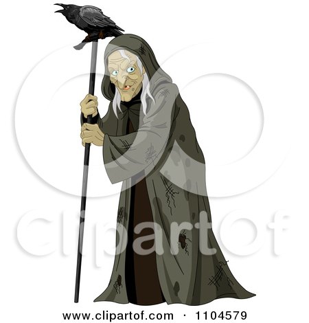Clipart Evil Old Witch In A Torn Cloak With A Raven On Her Walking Stick - Royalty Free Vector Illustration by Pushkin