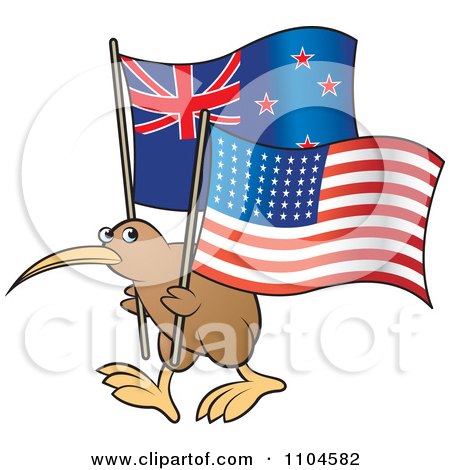Clipart Kiwi Bird With New Zealand And American Flags - Royalty Free Vector Illustration by Lal Perera