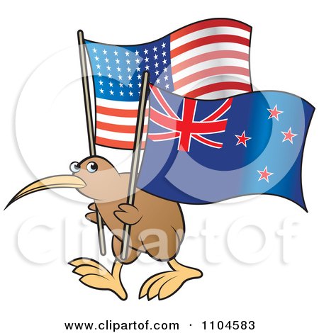 Clipart Kiwi Bird With New Zealand And USA Flags - Royalty Free Vector Illustration by Lal Perera
