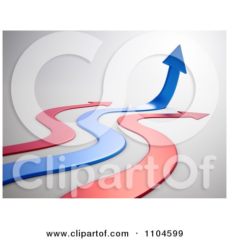 Clipart 3d Blue Arrow Curving Upwards Between Red Curvy Arrows On Gray - Royalty Free CGI Illustration by Mopic