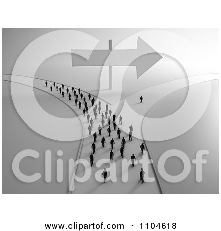 Clipart 3d Tiny People Approaching A Fork In The Road With All But One Person Going In One Direction 2 - Royalty Free CGI Illustration by Mopic
