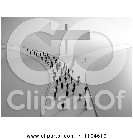 Clipart 3d Tiny People Approaching A Fork In The Road With All But One Person Going In One Direction 3 - Royalty Free CGI Illustration by Mopic