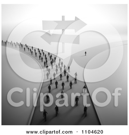 Clipart 3d Tiny People Approaching A Fork In The Road With All But One Person Going In One Direction 4 - Royalty Free CGI Illustration by Mopic