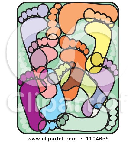 Clipart Colorful Diverse Foot Prints Over Green With A Black Rounded Frame - Royalty Free Vector Illustration by David Rey