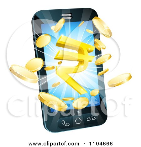 Clipart 3d Gold Coins And Rupee Symbol Bursting From A Cell Phone - Royalty Free Vector Illustration by AtStockIllustration