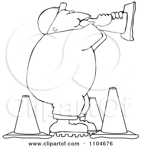 Clipart Outlined Road Construction Man Talking Through A Cone - Royalty Free Vector Illustration by djart