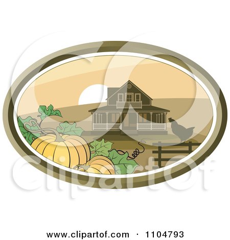 Clipart Rooster Crowing At Sunset On A Fence By Pumpkins By A Country Farm House - Royalty Free Vector Illustration by Lal Perera