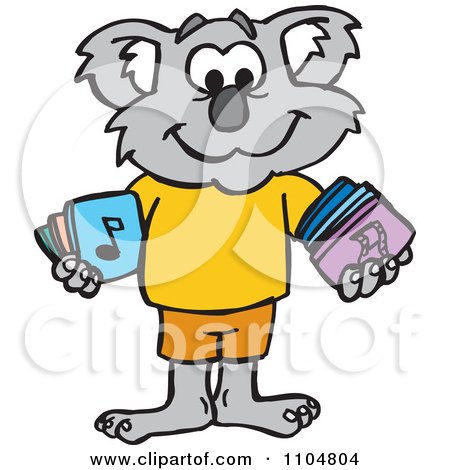 Clipart Happy Koala Holding CDs And DVDs - Royalty Free Vector Illustration by Dennis Holmes Designs
