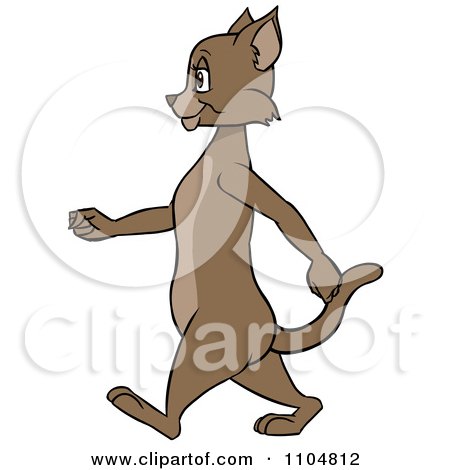 Clipart Happy Brown Cat In Profile Walking Upright - Royalty Free Vector Illustration by Cartoon Solutions