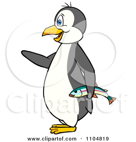 Clipart Happy Penguin Holding A Fish In Profile - Royalty Free Vector Illustration by Cartoon Solutions