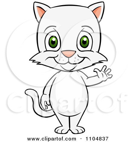 Clipart Happy Cute White Cat Standing And Waving - Royalty Free Vector Illustration by Cartoon Solutions