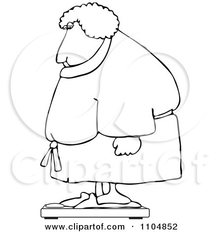 Clipart Outlined Chubby Woman In A Robe Standing On A Scale - Royalty Free Vector Illustration by djart