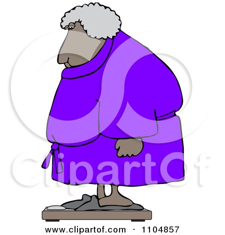 Clipart Chubby Black Woman In A Robe Standing On A Scale - Royalty Free Vector Illustration by djart