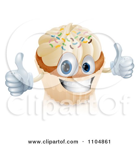 Clipart Happy Vanilla Cupcake Character Holding Two Thumbs Up - Royalty Free Vector Illustration by AtStockIllustration