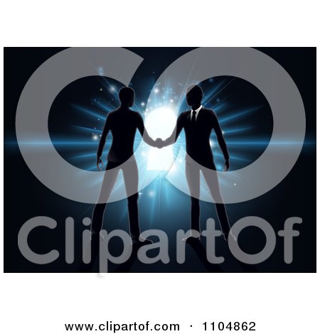 Clipart Silhouetted Business Men Shaking Hands Over A Glowing Blue Key Hole On Black - Royalty Free Vector Illustration by AtStockIllustration
