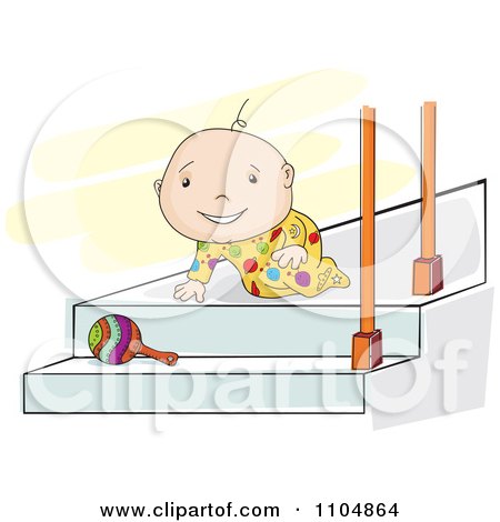 Clipart Happy Baby Crawlling Towards A Rattle On Steps - Royalty Free Vector Illustration by David Rey