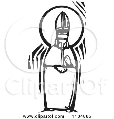 Clipart Pope Wearing A Mitre Black And White Woodcut - Royalty Free Vector Illustration by xunantunich