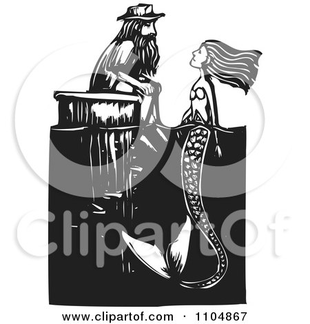 Clipart Mermaid And Man Gazing At Each Other At A Dock Black And White Woodcut - Royalty Free Vector Illustration by xunantunich