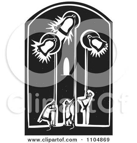 Clipart People Ringing Church Bells In A Belfry Black And White Woodcut - Royalty Free Vector Illustration by xunantunich