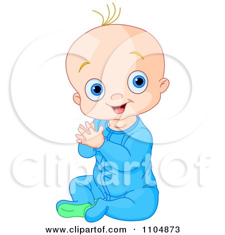 Clipart Happy Baby Boy Clapping His Hands And Sitting In Blue Sleeper Pajamas - Royalty Free Vector Illustration by Pushkin