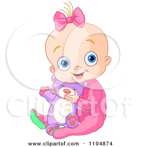 Clipart Happy Baby Girl Holding A Teddy Bear And Sitting In Pink Sleeper Pajamas - Royalty Free Vector Illustration by Pushkin
