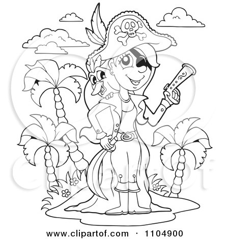 Clipart Outlined Female Pirate With A Bird And Pistol On An Island - Royalty Free Vector Illustration by visekart