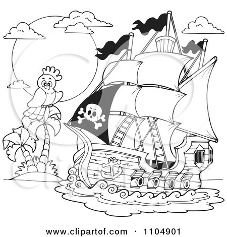 Clipart Outlined Parrot And Pirate Ship Near A Tropical Island - Royalty Free Vector Illustration by visekart