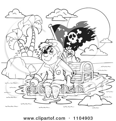 Clipart Outlined Hook Hand Pirate And Parrot On A Raft With Treasure - Royalty Free Vector Illustration by visekart