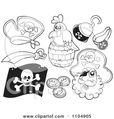 Clipart Outlined Pirate Hat Parrot Hook Hand Sword Flag And Coins - Royalty Free Vector Illustration by visekart