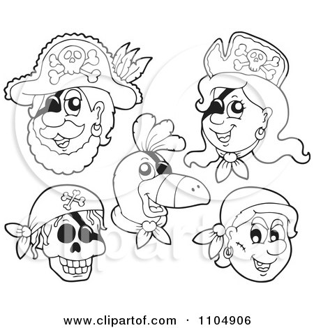 Clipart Outlined Parrot And Pirates - Royalty Free Vector Illustration by visekart