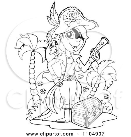 Clipart Outlined Female Pirate With A Treasure Chest Bird And Pistol On An Island - Royalty Free Vector Illustration by visekart
