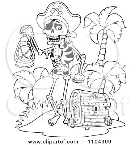 Clipart Outlined Skeleton Pirate Carrying A Lamp On A Beach With A Treasure Chest - Royalty Free Vector Illustration by visekart