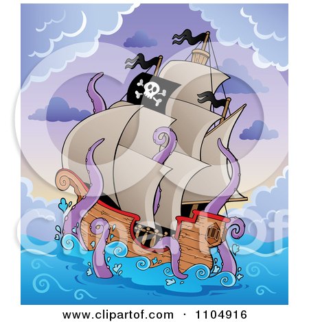 Clipart Pirate Ship Under Attack By A Giant Octopus Or Squid - Royalty Free Vector Illustration by visekart