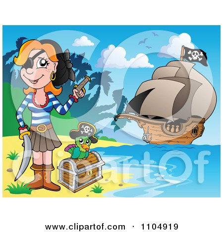 Clipart Female Pirate On A Beach With A Parrot And Treasure Chest And Her Ship In The Background - Royalty Free Vector Illustration by visekart