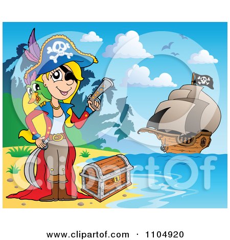 Clipart Female Pirate On A Beach With Treasure And Her Ship In The Background - Royalty Free Vector Illustration by visekart