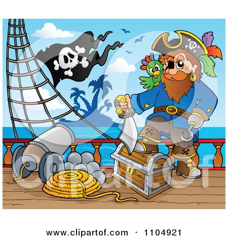 Clipart Pirate Captain With Treasure On A Ship Deck With A Canon - Royalty Free Vector Illustration by visekart