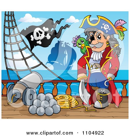 Clipart Pirate Captain On A Ship Deck With A Canon - Royalty Free Vector Illustration by visekart