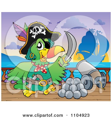 Clipart Parrot Pirate With A Canon On A Ship Deck During Battle - Royalty Free Vector Illustration by visekart